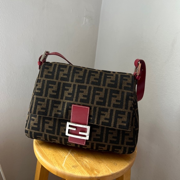 Fendi Mamma Baguette Shoulder Bag Monogram Zucca FF Brown Red Vintage W Dust Bag - Picture 2 of 16